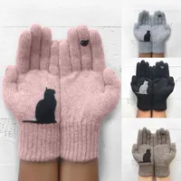 Fem fingrar handskar damer ullen kvinnlig vinter utomhus värme kallt skyddad tjock plus katt fågel tryck sött rosa enkelt ett par