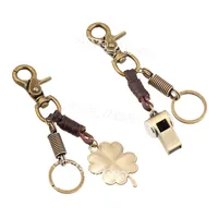 Vintage Leder Keychain Kreative Vier Blatt Kleepfeife Legierung Schlüsselanhänger Anhänger Gepäckdekoration Schlüsselanhänger