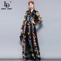 LD LINDA DELLA Runway Maxi Dress Plus size Women&#039;s Long Sleeve Bow Collar Vintage Floral Print Chiffon Party Holiday Long Dress 210309