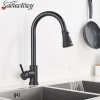 Saeuwtowy Lavello di installazione del deck rubinetto nero opaco con sprinkler cucina estraibile 360 ​​rotatble basin 210719