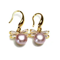 Dangle & Chandelier Natural Pink Purple White Freshwater Pearl Earrings Bowknot Shape Plated Gold Inlaid Rhinestone Fashion Jewelry For Wome