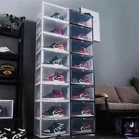 2pcs AJ Sneakers Boîte Boîte à chaussures en plastique durcie Boîte d'armoire empilable Boîte de rangement à poussière Haut-Top AJ Porte-chaussures Organisateur 210827