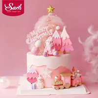 기타 축제 파티 용품 핑크 크리스마스 트리 곰 산타 클로스 케이크 토퍼 생일 장식용 선물 아기 샤워 베이킹