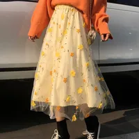Etekler Sarı 3D Çiçek Dantel Skrit Kadınlar Yüksek Bel Mesh Uzun Kadın Zarif Midi Tül Etek Tatlı Sevimli Öğrenci Okulu Giyim Saia