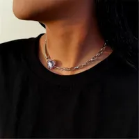 Vintage Bling Kristall Choker Halskette Frauen Silber Farbe Edelstahl Lila Strass Anhänger Halsketten Ästhetischer Schmuck