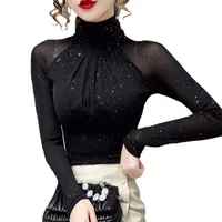 디자인 한국 패션 여성 메쉬 상위 높은 목 섹시한 검은 바닥 티셔츠 캐주얼 밝은 실크 레이디 셔츠 Blusa Tshirts Gir