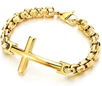 Mens kvinna rostfritt stål horisontellt sidovy lateral cross länk kedja armband armband polerat silver / guld / multicolor 8mm 8,66 tum