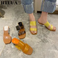 Pantofole HTUUA Fashion PVC Transparent Women Round Crystal Heel Sandals Summer Square Toe Slifts Designer Scarpe Donna SX3855