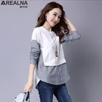 Arealna outono camisa coreana mulheres tops manga comprida casual camisas vintage striping costura falsa duas peças mulheres blusas blusas 210305