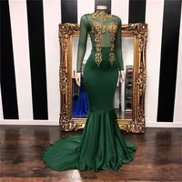 Dark Green Mermaid Prom Dresses Sexy Illusion Top Gold Aplikacje Sheer Długi Rękaw Wysokiej Neck Suknie Wieczorowe BC1850