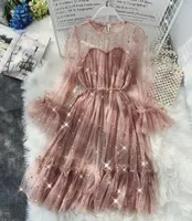 Casual Kleider 2021 Frühling / Sommer Frauen Mädchen Fairy O Neck Pailletten Mesh Glänzendes Kleid Elegante Bling Gaze Puff A-Line Vestido 021201