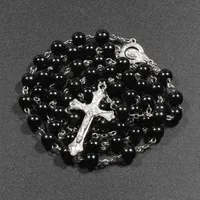 7 colors Religious Catholic Rosary Necklaces Jesus cross pendant Long 8MM Bead chains For women Men Christian Jewelry