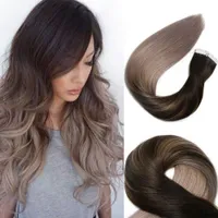 Tape In Human Hair Extensions Ombre Remy Tape Hair Extensions Balayage Darkest Brown to Medium Brown With Ash Blonde Hair Extensions