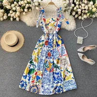 ファッション滑走路夏のドレス2021新しい女性の弓スパゲッティストラップバックレス青と白の磁器花柄プリントロングドレス210316