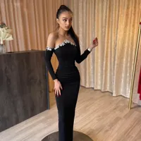 Black Evening Dresses Sheath Long Sleeves Floor Length Appliques Long Turkey Dubai Saudi Arabic Prom Gowns