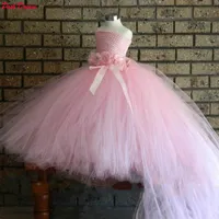Flickans klänningar posh dröm rosa blomma tjejer bröllopsklänning med långa tågbälte barn födelsedagsfest tutu kläder