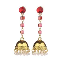 Vintage Indian Pearl Tassel Earrings Bride Wedding Jewelry Gold Bell Alloy Women's Dangle Jhumka Earring Accessories