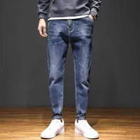 Мужские джинсы повседневные прямые люди 2021 весенний осенний карандаш брюки твердая стройная усадка эластичность плюс бархатная джинсовая