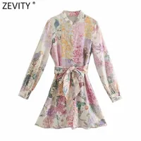 ZEVITY Kadınlar Zarif Pembe Çiçek Baskı Göğüslü Gömlek Kadın Uzun Kollu Yay Sashes Vestido Chic Bir Çizgi Mini Elbiseler DS8173 210401