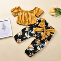 4T Yürüyor Bebek Kız Giysileri Kapalı Omuz Kazak Kısa Kollu Yay Çiçek Pantolon Tops 2 ADET Çocuklar için Kıyafetler Giyim 2020 214 U2