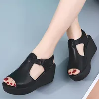 Sandały 2021 Sandały damskie mody lato; Wedge Heel Simple Skórzane Buty Platformowe Plus Size Shoes; Wysokie obcasy