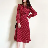 Casual jurken lente/ herfst boog vintage peal versierde knop spot zijden midi jurk uk8-14