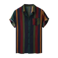 Men&#039;s Casual Shirts Hawaii Men Shirt Blouse Multicolor Stripes Loose Short Sleeve Buttons Cotton Beach Camisas Para Hombre Oversize