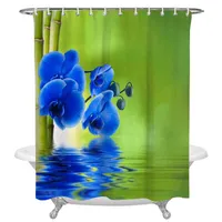 Blå blomma grön bambu vatten våg reflektion dusch gardin hem dekoration badrum objekt badrum vattentät dusch gardin w220304