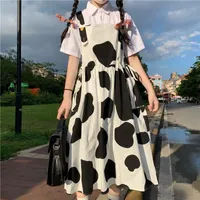 Qweek المرأة kawaii البقر طباعة اللباس لوليتا حليب لطيف فستان الشمس اليابانية المتناثرة نمط لطيف kawaii لوليتا اللباس الزي موري فتاة 210316