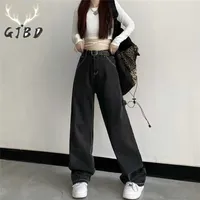 Women Jeans Vintage High Waist Y2k Streetwear Korean Fashion Black Grey Straight Jean Pants Ladies Baggy Wide Leg Denim Trousers 220125