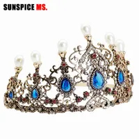 Sunspice-ms vintage luxe antieke goud kristal parel tiara kroon bruiloft haaraccessoires bruids party sieraden grote hoofdbanden H0827