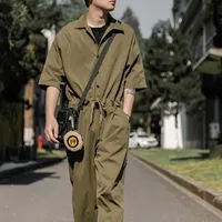 Jogging Clothing Jumpsuits Men One Piece Overalls Cotton Casual Short Sleeve Rompers Army Green Black Male Clothes 2021 Summer Spring Autumn