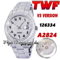 2022 TWF V3 126334 126234 A2824 Automatisk Mens Watch 116244 Paved Diamonds Arabic Dial 904L Stainless Case Fullt Iced Out Diamond Armband Eternity Smycken Klockor