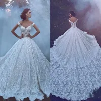 Katedral Tåg Bröllopsklänningar 2021 Modern Luxury Arabic Lace Off Shoulder Backless Gorgeous Bridal Wedding Gowns Plus Storlek