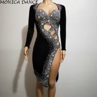 Abiti casual Sexy Stage Silver Stones Stones Black Latin Dance Dress Dress Outfit Indossare Sparkly Strass Costume Compleanno Prom PROM MOSTRA STRETTO