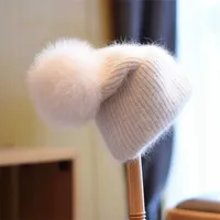 Thick warm skullies cap for women winter rabbit fur knitted beanies hat with detachable real pom poms REYI001 220118