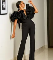 Klassische Schwarze Overall Abendkleider Sexy Sheer V-Ausschnitt Rüschen Kurze Ärmel ASO EBI Prom Vestidos Hosenanzug Frauen Besondere Anlässe tragen