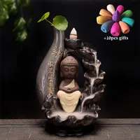 Zen Buddha Backflow Incense Burner Home Office Teahouse Decor Aromatherapy Waterfall Censer Handicraft + 10pcs Cones
