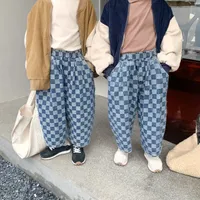 İlkbahar Sonbahar Çocuk Moda Boy Ekose Denim Pantolon Erkek Ve Kız Gevşek Geniş Bacak Pantolon Kore Tarzı 220221