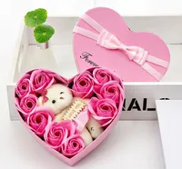 10 Flowers Soap Flower Gift Rose Box Bears Bouquet for 2022 Valentines Day Wedding Decoration Gift Festival Heart-shaped Box bysea LLE12607