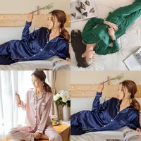 Женский шелковый сатин Pajamas Pajamas набор с длинным рукавом спящая одежда Pijama Pajamas костюм женский сон Двухструктура набор Loungewear плюс размер 562 R2