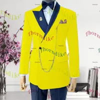 Herrdräkter blazers thorndike högkvalitativ gula män blazer och marinblå byxor kostym homme formell affär brudgum bröllop prom part