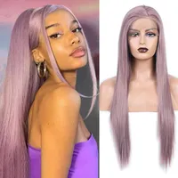 Syntetiska peruker Aimeya Ash Pink Lace Front Wig Long rak Free Part Half Hand bunden Natural hårfäste dagligen slitage cosplay