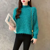 Kadın Kazak Sonbahar Kış Kadın Tüm Maç Yarım Yüksek Yaka Kalınlaşmak Kazak Parlak Ipek Katı Renk Örme Sıcak Kazak Giyim MM0