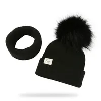 98Winter Unisex Faux Fur Pompon Hat Scarf For Kids Boys Girls Knitted Baby Caps With Pompom Bonnet Children&#039;s Accessories