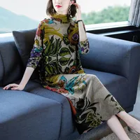 Günlük Elbiseler Artı Boyutu Kaşmir Uzun Kazak Elbise 2021 Sonbahar Kış Kadınlar Büyük Çiçek Baskı Orta Buzağı Gevşek Örme Jumper