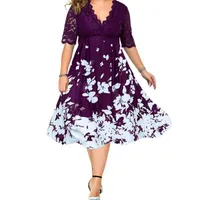 Womens Clothing Summer Dress Evening Party Dresses Patchwork Flower Elegant Casual Blue Lace V Neck Plus Size