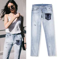 2021 المرأة الربيع والصيف الأزياء الجينز / أعلى جودة تصميم العلامة التجارية ممزق جينز / سليم صالح كاجوال الدنيم الحجم 26-30