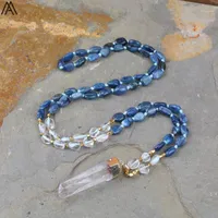 Chains Natural Branco Quartzo FREEFORM Ponto Pingente Azul Kyanite Nugget Beads Handmade Nó Colar Longo 32 polegadas N0286