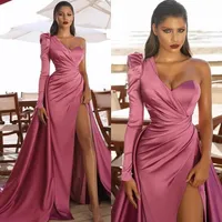 Nieuwe Collectie Roze Mermaid Prom Dresses Dubai Arabische Lange Mouwen Formele Jurk Hoge Kant Split Celebrity Robe de Soiree Evening Draag